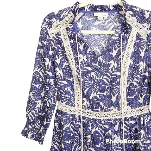 The Korner blue printed palm print and white lace dress nwot size S - Picture 5 of 9
